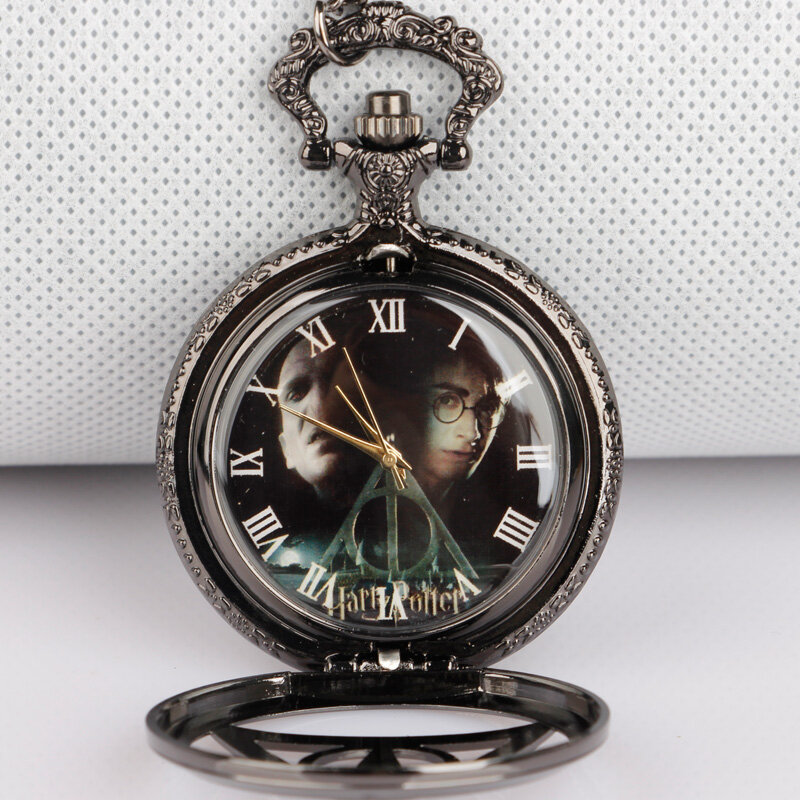 Favorito das crianças triângulo mágico oco quartzo bolso relógios colar pingente preto com corrente presentes digital pocketwatch