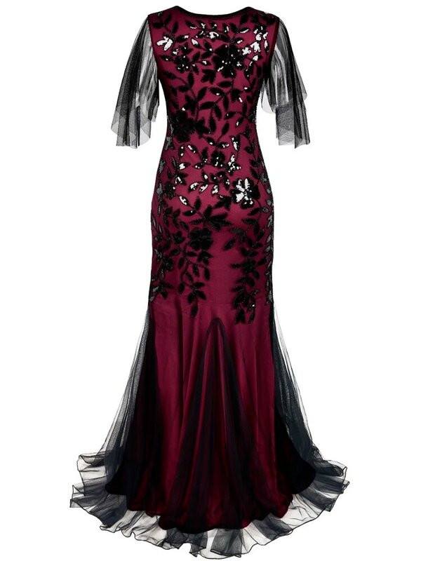 Vestido de noche bordado de tul de manga corta con cuello redondo, elegante vestido largo de sirena Vintage de los años 1920 para fiesta de gran Gatsby