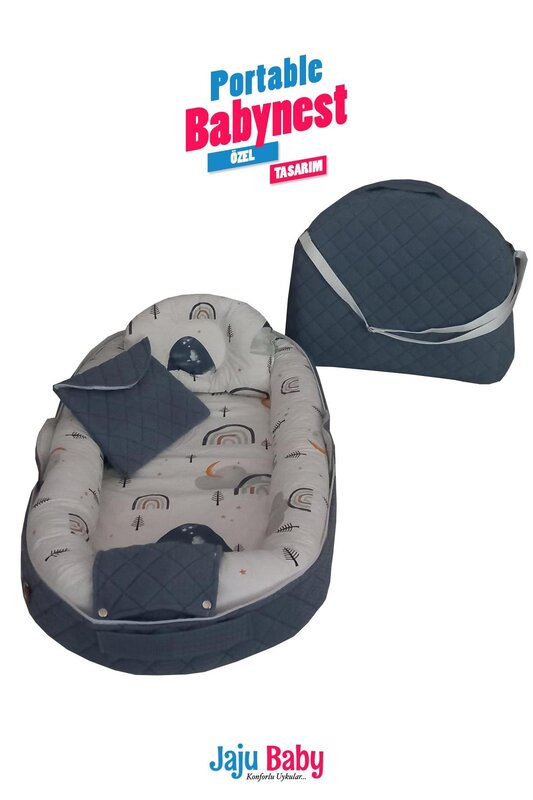 Babynest-Bolso de bebé hecho a mano con estampado de arcoíris de punto azul marino, bolsa portátil para cama lateral de la madre