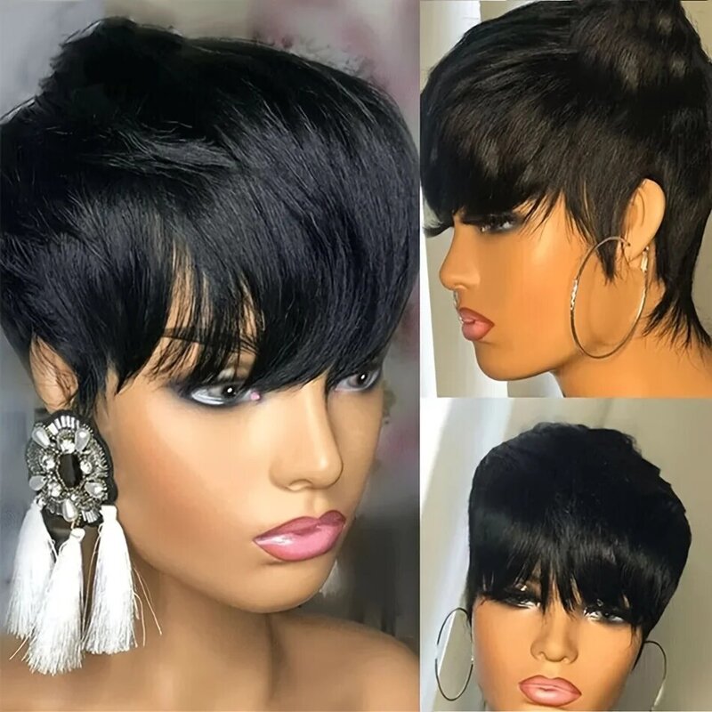 Pixie Cut Straight Perucas de cabelo humano para mulheres, perucas Glueless Short Bob, perucas feitas à máquina com franja, Wear & Go
