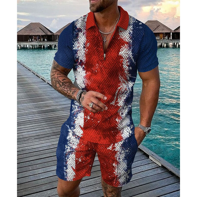2024 New summer Men's Fashion Print Lapel Short-Sleeved Polo Shirt And Shorts Two-Piece Set