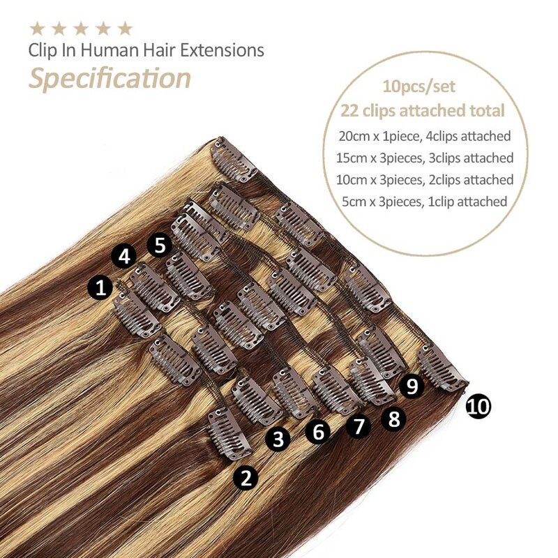Extensiones de cabello humano con Clip, 10 piezas, marrón Chocolate a rubio caramelo, Natural, liso, Remy, 120g