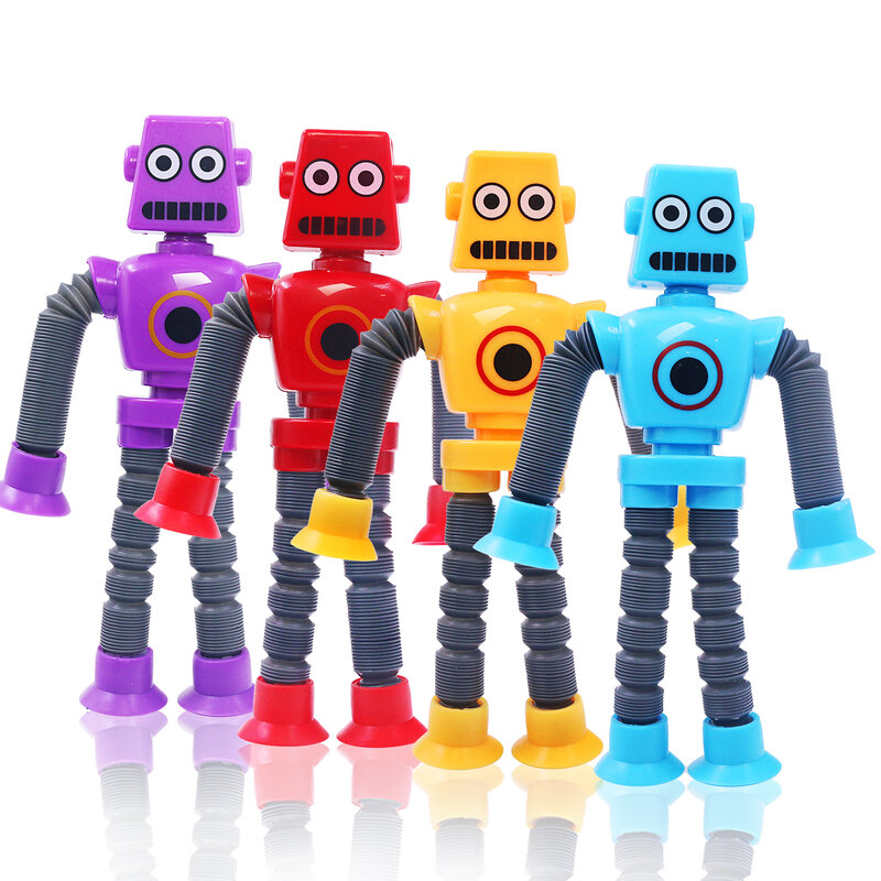 4 Stück LED Pop Röhren Roboter Zappeln Spielzeug, sensorische Pop Röhren für Kleinkinder, Teleskop Saugnapf Zappeln Spielzeug für autist ische Kinder