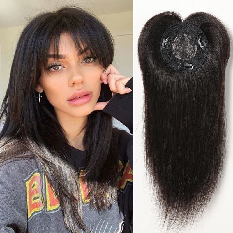 Black Brown 100% Remy Human Hair Toppers Wig for Women Thinning Hair Real Human Hair Toppers with Bangs Clip in Hair Extensions