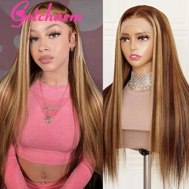 34Inch Highlight Ombre Straight Lace Front Wig Human Hair Pre Plucked 13x4 13x6 4/27 Honey Blonde Lace Frontal Wigs For Women