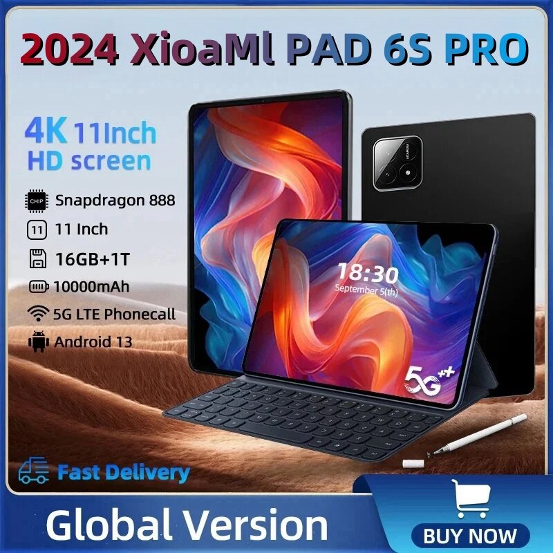 Versi Global Pad 6S Pro Tablet 11 inci HD 4K, Tablet Android 13 16GB + 1T 10000mAh 5G SIM ganda Bluetooth WiFi GPS