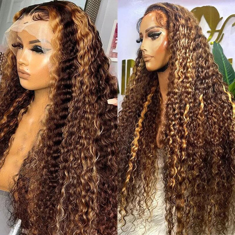 32 Inch Curly Highlight 13x4 Lace Front Human Hair Ombre Colored Deep Water Wave Lace Frontal Wig Brazilian Remy 180% For Women
