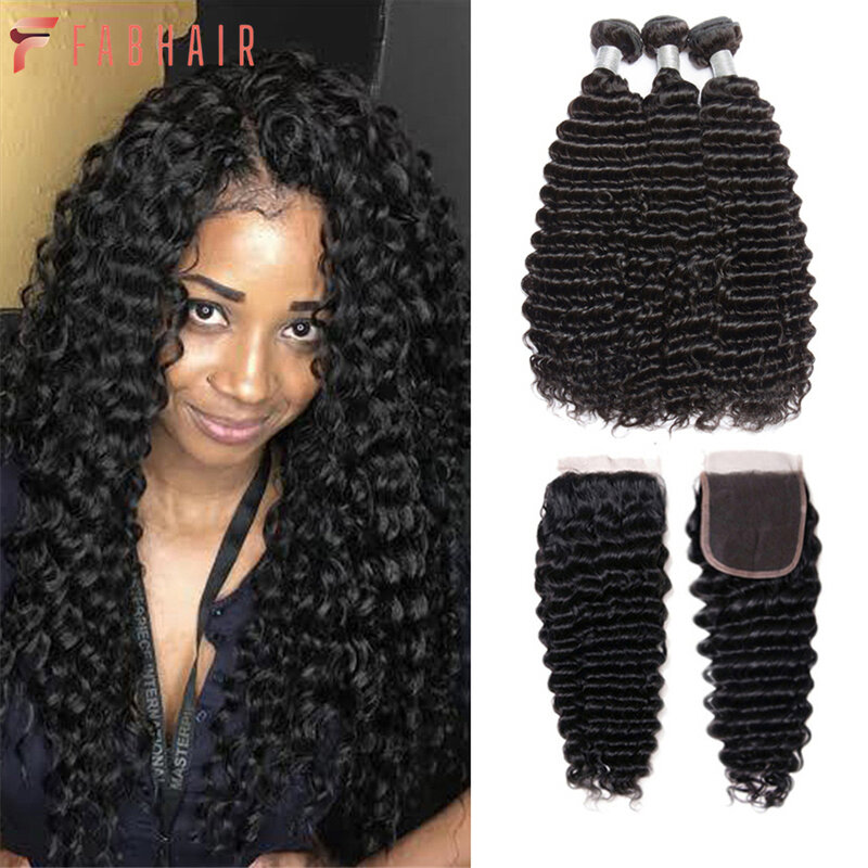 FABHAIR Deep Wave Human Hair Bundles With Closure 3/4 pcs/lot Brazilian Hair Weave Bundles With Closure Remy Hair Extensions