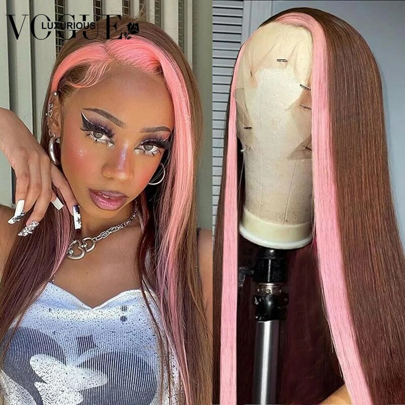Peluca de cabello humano virgen brasileño para mujer, postizo sin pegamento con cierre Frontal de encaje HD 13x4, color marrón y rosa