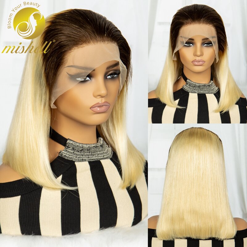 250% Density Honey Blonde Short Straight Bob Wigs 13x4 HD Lace Frontal Wig for Women Colored Brazilian Remy Human Hair Bob Wigs