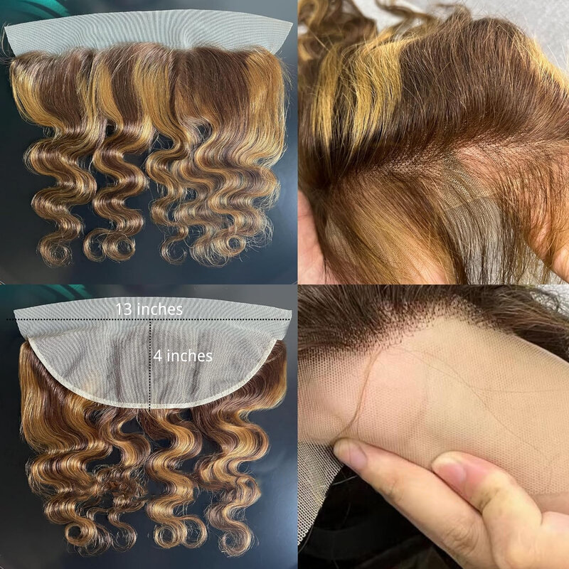 Mechones de cabello humano brasileño Natural, mechones con ondas frontales, resaltado rubio miel, cierre Frontal de encaje 13x4, P4-27