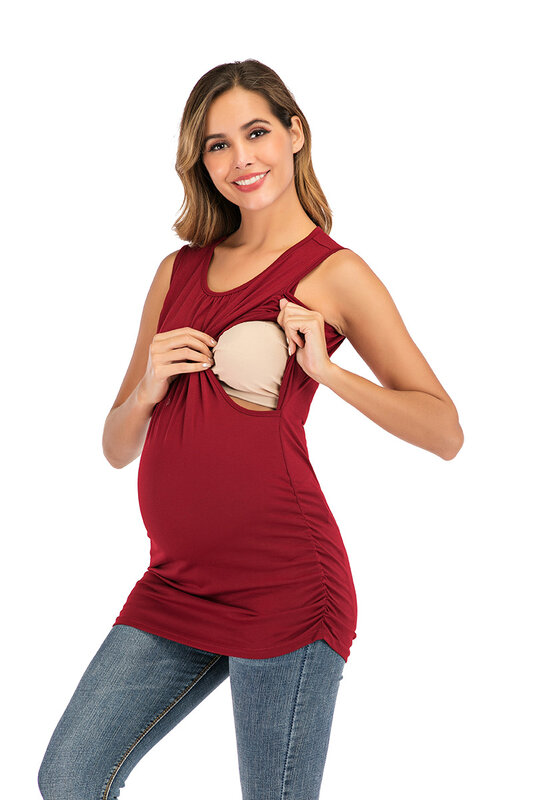 Camisetas de lactancia sin mangas para mujer embarazada, ropa de embarazo de talla grande, Color sólido, Verano