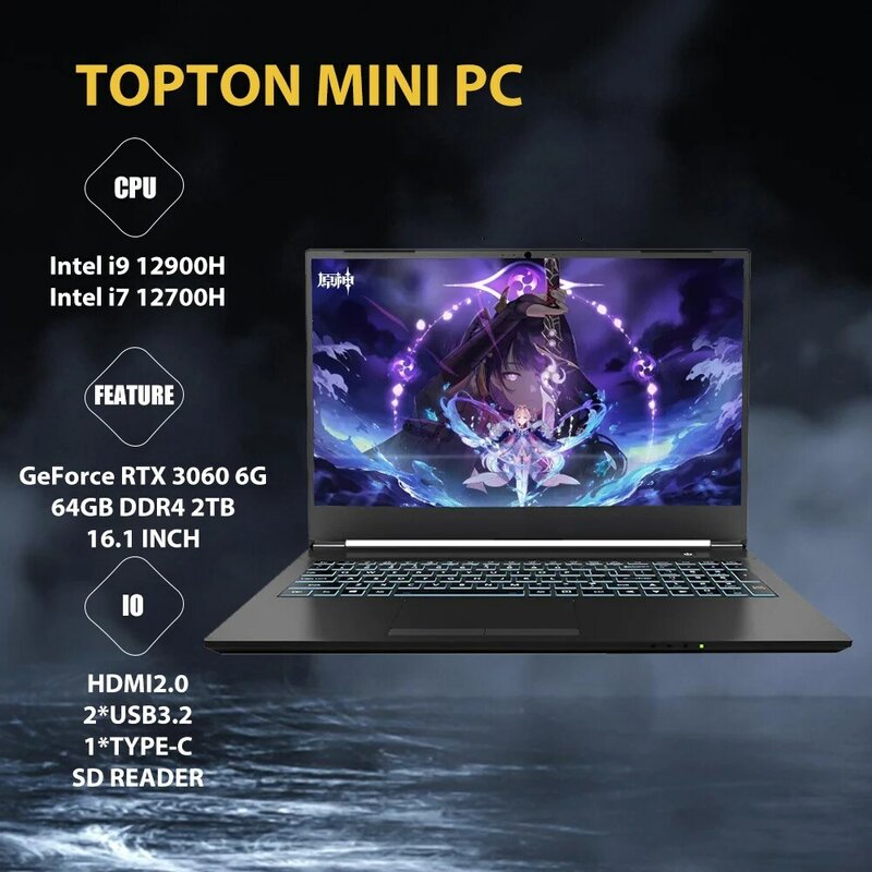 Topton-強力なゲーミングノートパソコン、intel i9 12900h、i7-12700H、nvidia Geforce rtx 3060、gddr6、6gb gb gb gb、16 "fhd ipsディスプレイ、rgbキーボード