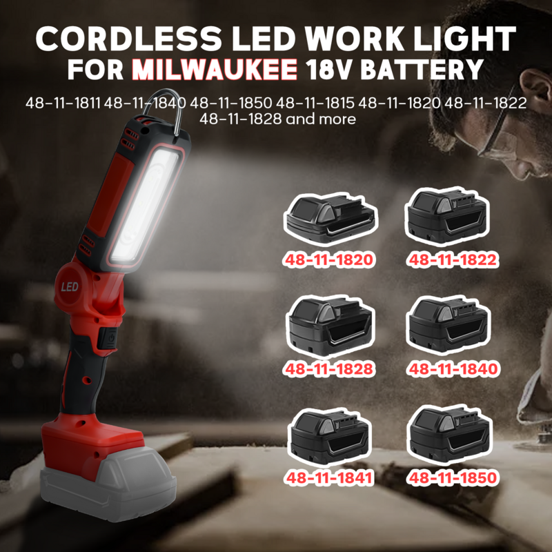 300W 1200LM LED Work Light for Milwaukee 18V Battery 140 ° Foldable Cordless Portable Tool Light Outdoor Flashlight (No Battery)