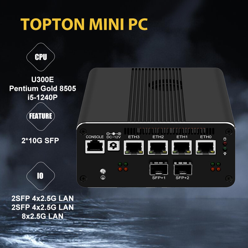 TOPTON-Placa de rede para firewall, servidor doméstico, Desktop Router, pfSense, 4 x Intel i226-V, 8x2.5G, LAN, 2 GB x 10GB, 12th Gen, U300E, i5 1240P, 10GB