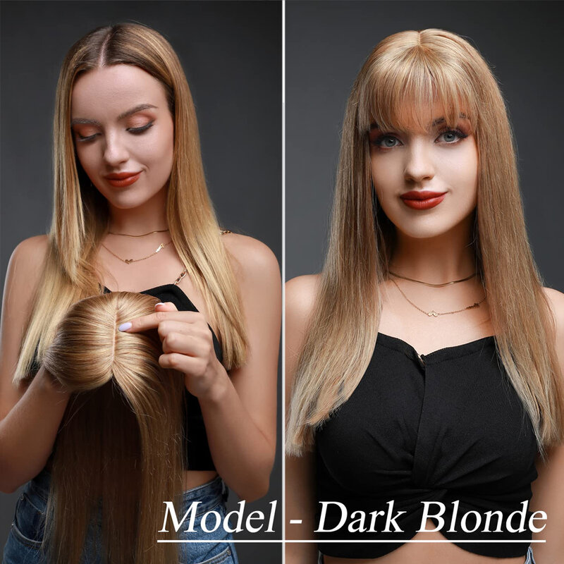 Toppers de cabello humano Real para mujer, parte media marrón Natural con flequillo, Clip en postizo, 12x13CM