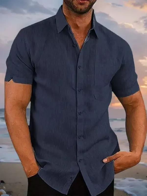 Heren Shirts 2024 Zomer Nieuwe Effen Revers Single-Breasted Tops Business Casual Heren Shirts Strand Vintage Mode Heren Kleding
