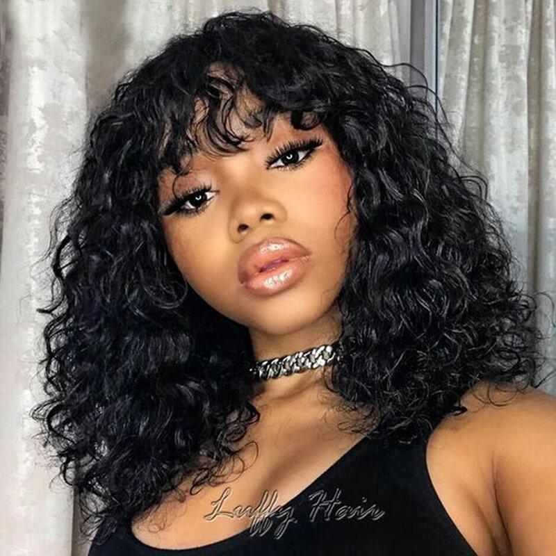 Short Curly Bob Human Hair Wigs With Bangs Full Machine Made Wigs Highlight Honey Blonde Colored Wigs For Women Cheap Remy Hair