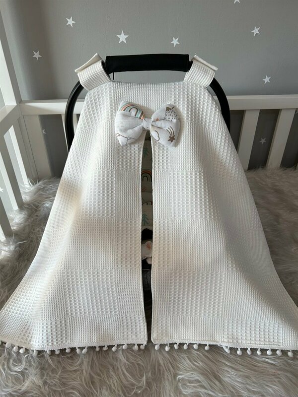 Handmade White Waffle Pique and Muslin Mountain Pattern Design Pompom Stroller Cover
