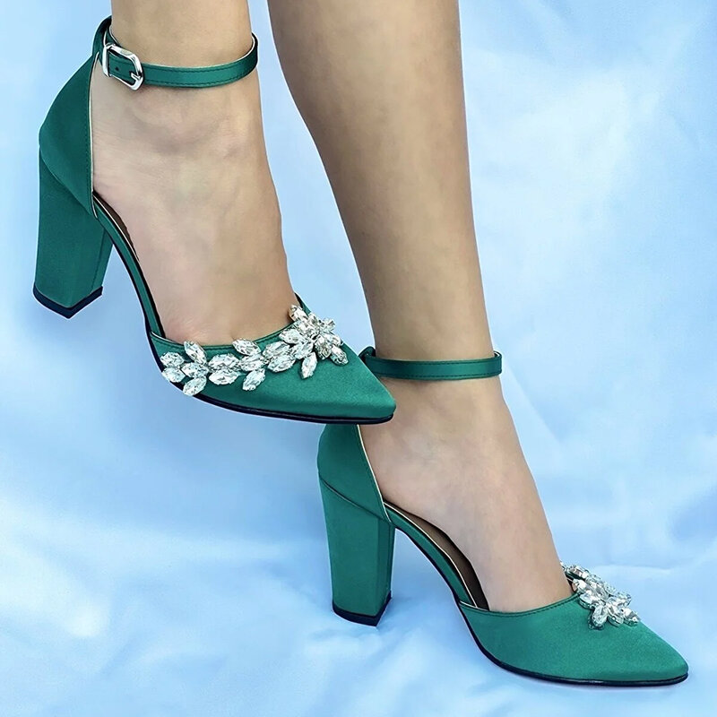 الأخضر الصنادل سميكة النساء الساتان الكعوب للنساء كتلة كعب أحذية للنساء 2023 10 سنتيمتر عالية الكعب صندل أحذية كبيرة الحجم النساء