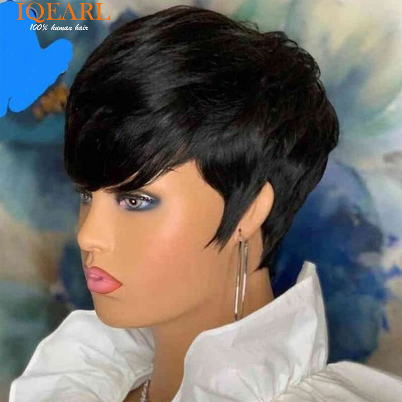 Short Bob Wig Straight Human Hair Wigs With Bangs Non Lace Front Wigs For Women Pixie Cut Wig Natural Color Full Machine Made