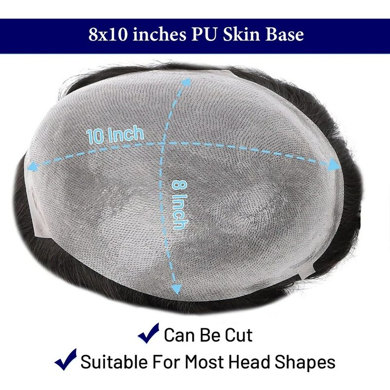 Tupé de cabello humano con nudo en V para hombres, sistema de reemplazo de cabello liso, prótesis 8x10, piel fina, 0,06-0,08mm