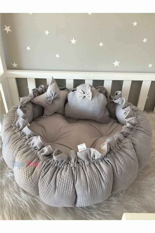 Handmade Gray Pique Fabric Combination Design Retractable - Collapsible Play Mat Baby Nest