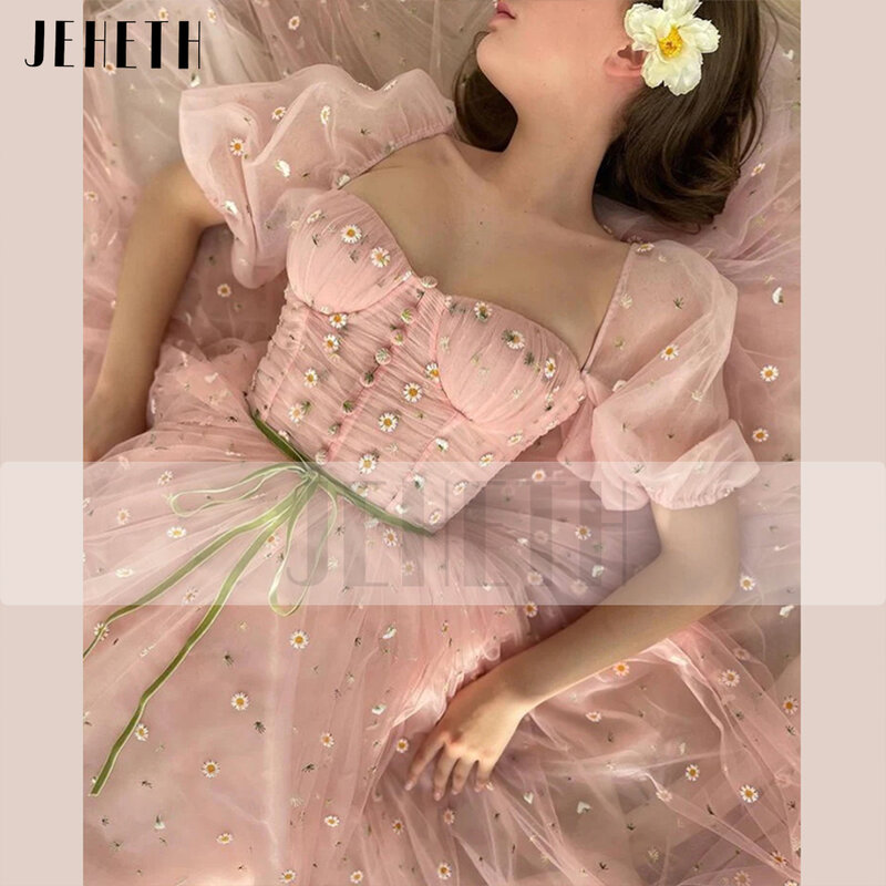 JEHETH розовое Тюлевое платье с маргаритками для выпускного вечера пасторальное платье принцессы с пышными рукавами с открытой спиной ТРАПЕЦИЕВИДНОЕ вечернее платье с карманами