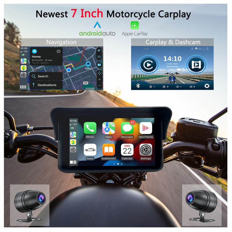 Karadar 7 Inch Nieuwste Touchscreen Motorfiets Navigatie Ipx7 Waterdichte Apple Carplay Android Auto Met 1080P Dual Lens Dashcam