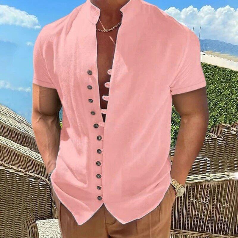 Koszula z mieszanki bawełny i lnu dla mężczyzn lato Retro solidna stójka jednorzędowa z krótkim rękawem Top Business Casual męska luźna koszula