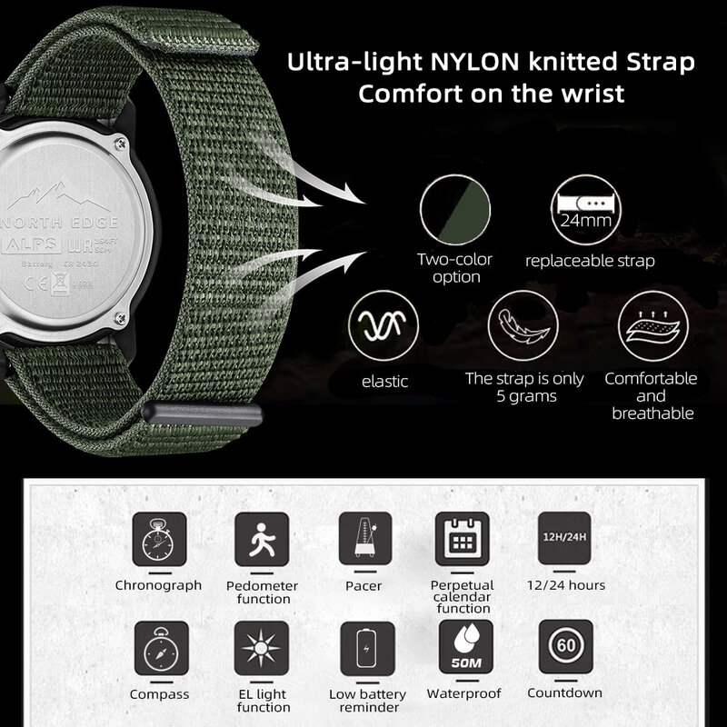 NORTH EDGE ALPS Men's Digital Carbon fiber Watch Shock Militray Sports Super Light Outdoor Compass Waterproof 50M Wristwatches