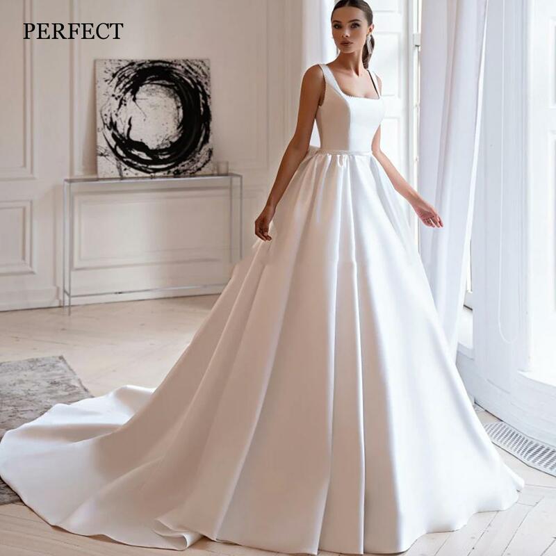 PERFECT Square Collar A-Line Satin Wedding Dresses Simple Sleeveless Backless With Bow Bridal Gowns Custom Made Robe De Mariée