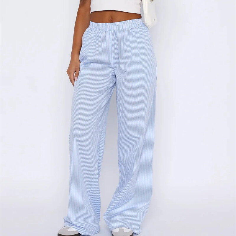 Women Y2k Striped Print Pants Elastic Mid Waist Lounge Pants with Pockets Loose Straight Long Trousers Streetwear Women Clothes