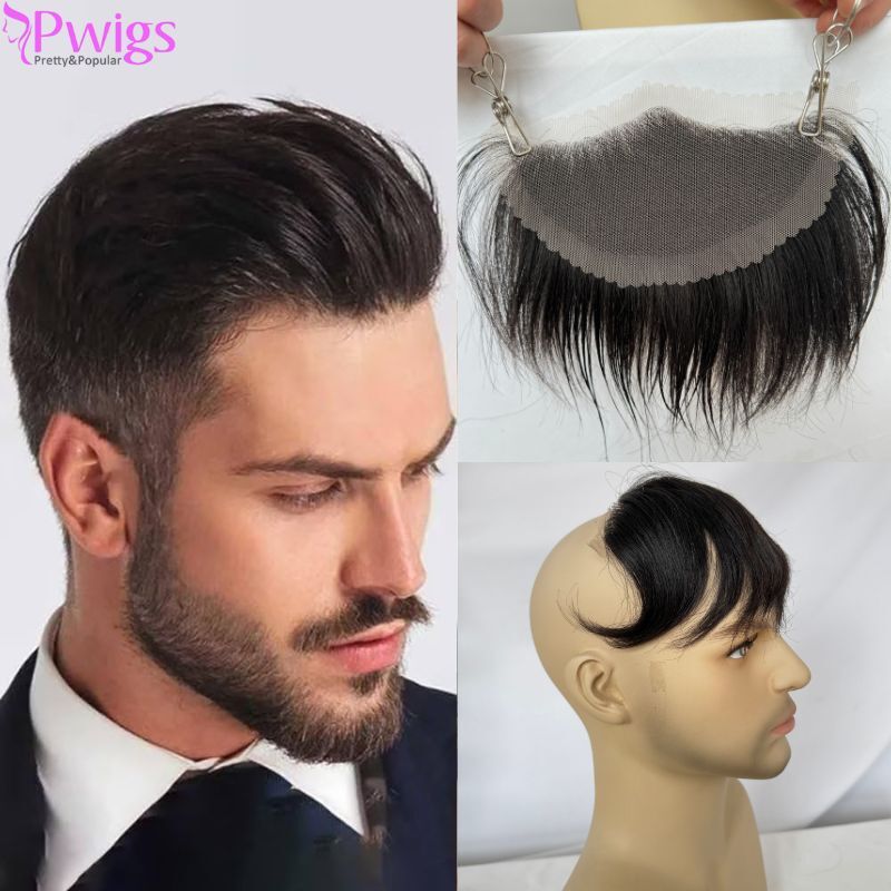 Pwigs 7X15cm Men Lace Frontal Hairline Toupee 100% Human Hair Swiss Lace Man Hairpieces Topper For Natural Hairline 1B