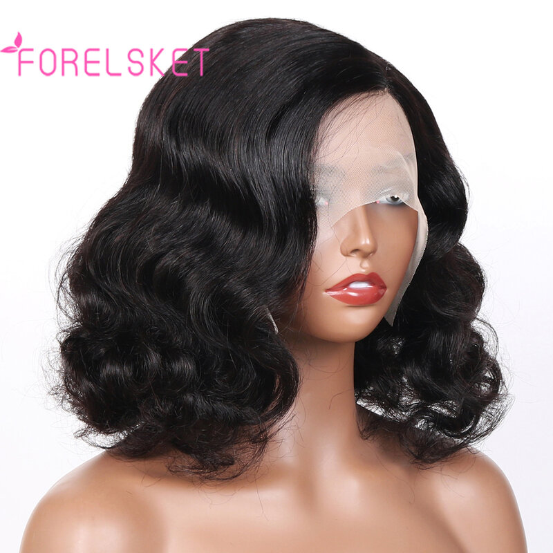 FORELSKET Natural Color Body Wave 100% Human Hair Bob Wig, 13*4*1 HD Front Lace Women's Wig 180% Density Side Lace Front Wig Bob