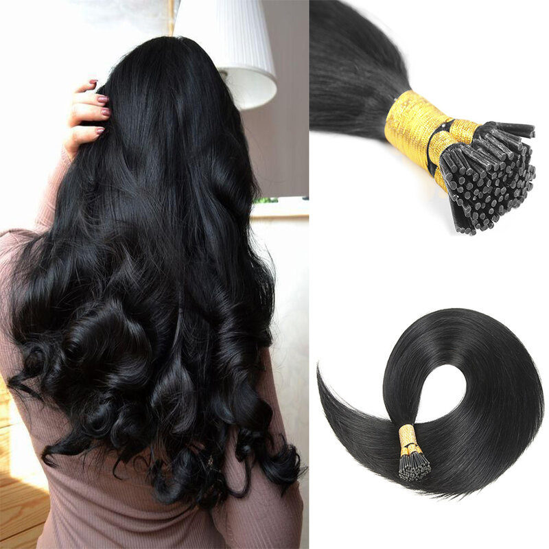 100 S/set Ik Tip Haarverlenging Echt Remy Menselijk Haar Natuurlijke Zwarte Rechte Keratina I Tip Fusion Human Hair Extensions 12-24Inch
