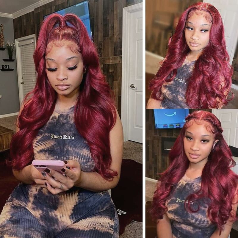 Perruque Lace Front Wig naturelle ondulée, cheveux humains, couleur rouge bordeaux 99J, 13x6, pre-plucked
