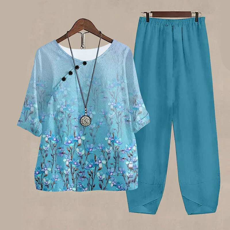 Traje de manga corta con cuello redondo para mujer, Conjunto elegante de dos piezas con estampado de flores, pantalones holgados de cintura alta, Tops de verano