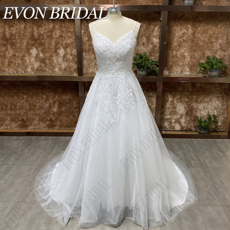 EVON gaun pengantin wanita, 2024 manik-manik renda Backless untuk putri casamento tali Spaghetti leher V