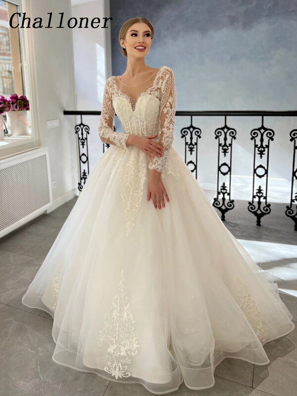 Challoner 절묘한 웨딩 드레스 연인 긴 소매 버튼 백리스 지퍼 바닥 길이 신부 가운, 스윕 트레인 드레스