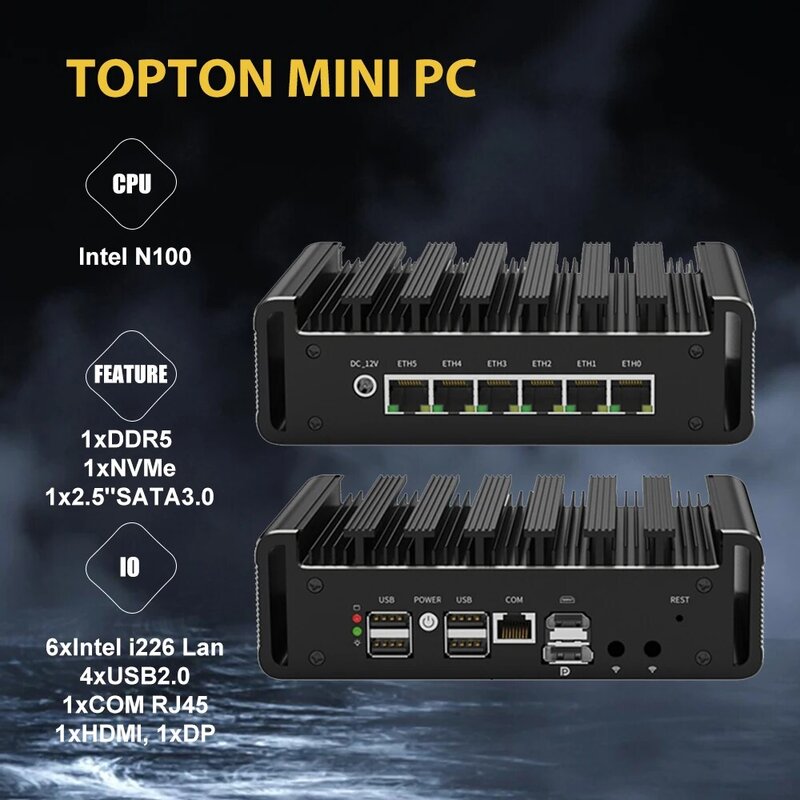 Penawaran kilat 6 port Firewall alat mikro PC Mini Intel N100, 6 * Intel i226-V LAN AES-NI, Router PC, VPN, RAM 8 GB SSD 128 GB