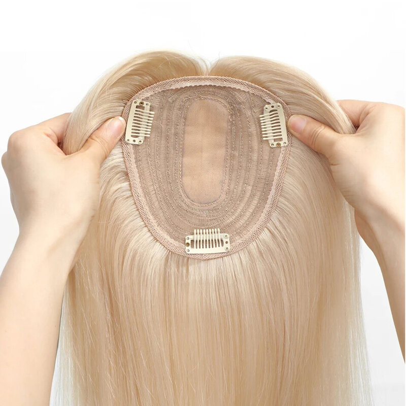 女性のためのブロンドのヘアトッパー、フリンジ付きの100% 本物の人間の髪の毛のかつら、シルクトップのベースクリップ、ヘアピース、613、12x13cm