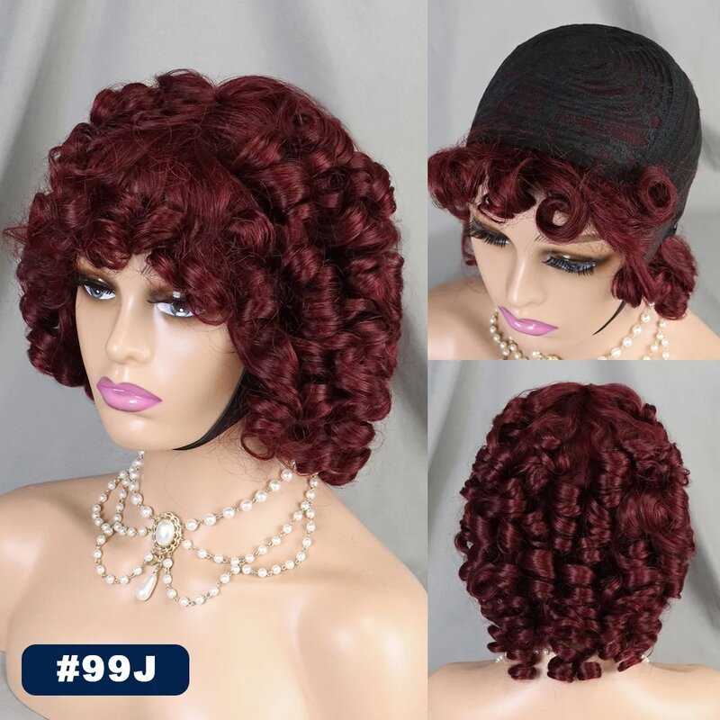 Borgonha Bouncy Curly peruca de cabelo humano com Franja, peruca Afro Kinky, máquina completa feita, Remy brasileiro com cabelo de bebê, 200% Borgonha, 99J