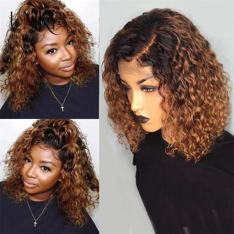 13x4 Lace Frontal Human Hair Wigs Deep Curly Short Curly Bob Wig for Black Women Brown Blonde Highlight Colored Human Hair Wig