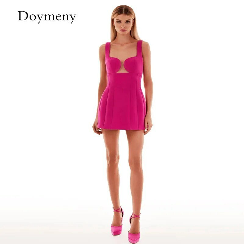 Doymeny 2023 Glossy Ultra Mini Dress In Black with Cutouts Short Pink Cocktail Dresses Square Collar Zipper Up Back Hollow Out