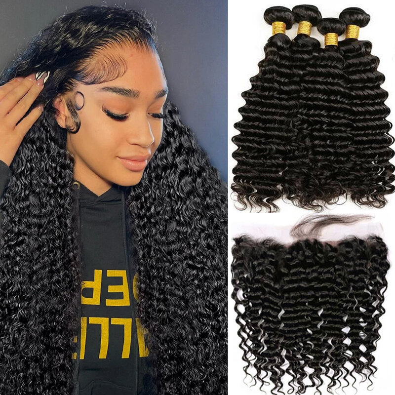 Deep Wave Human Hair Bundles with 13x4 Hd Lace Frontal with Bundles Human Hair Extensions Remy Hair for Women 30-calowe sploty
