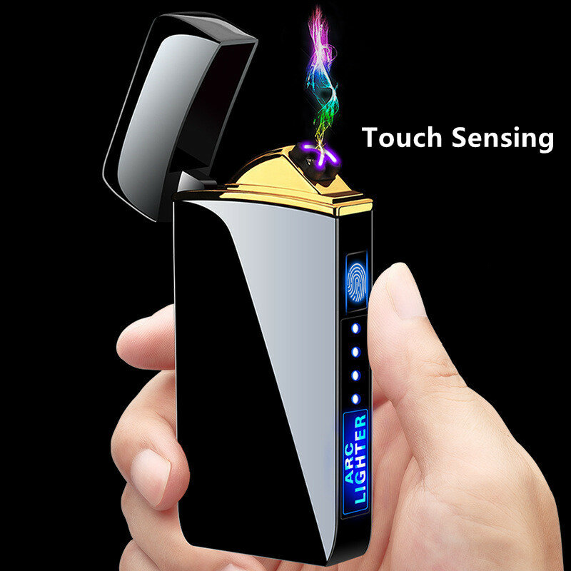 Nóng Điện Chống Gió Bật Lửa Kim Loại Đôi Vòng Cung Flameless Plasma Sạc USB Bật Lửa Điện Đèn LED Màn Hình Cảm Ứng Cảm Biến Bật Lửa