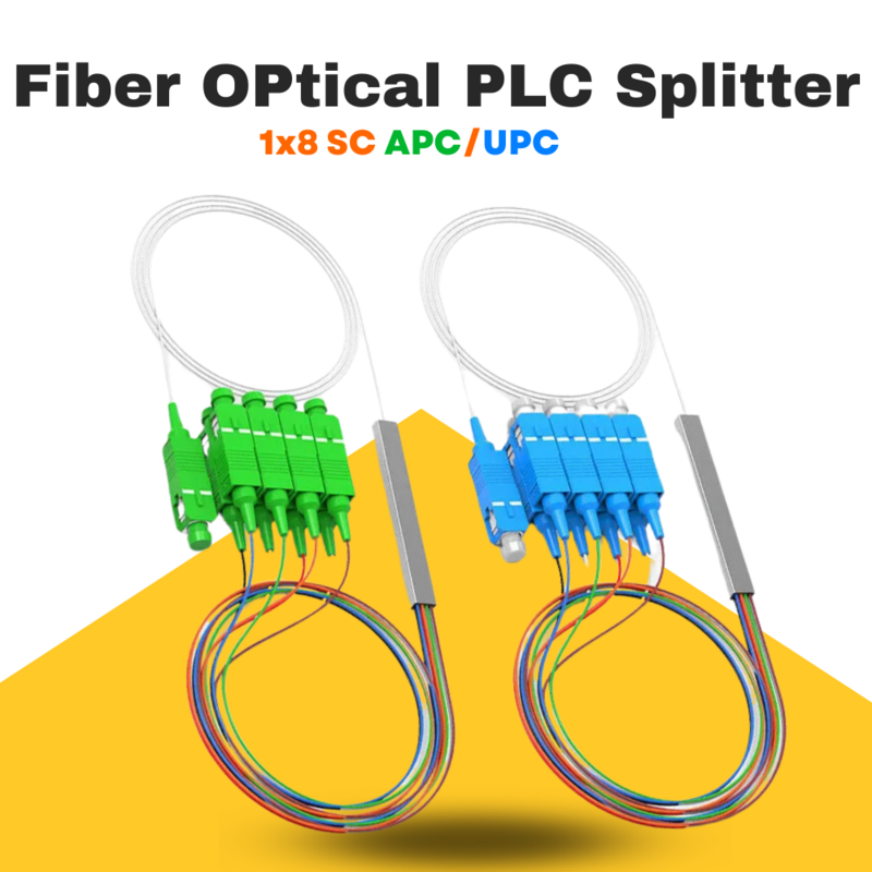 10 buah APC Splitter 1x8 FTTH pemisah PLC serat optik Mode tunggal UPC 0.9mm G657A1 LSZH 1m PLC PVC Spliter 1:8 warna serat