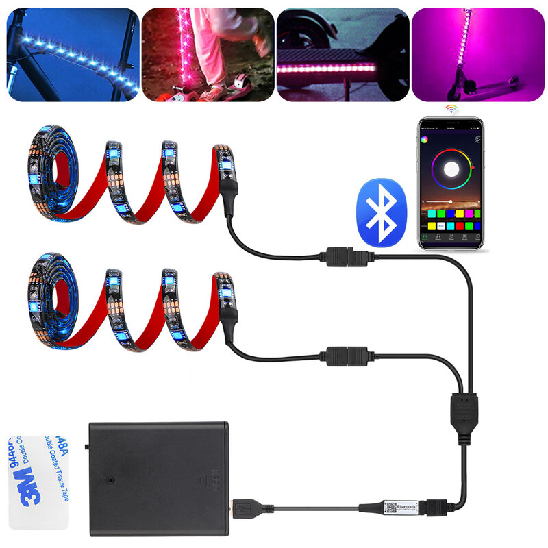 Tira de luces Led RGB con Bluetooth y USB, cinta de diodo Flexible con batería para patinete, iluminación de bicicleta y monopatín