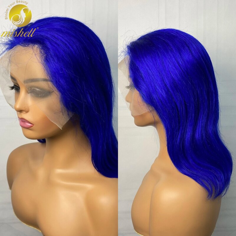 باروكة بوب قصيرة أمامية من الدانتيل الشفاف للنساء ، شعر بشري برازيلي ، شعر ريمي منتوف مسبقًا ، كثافة ، 13 × 4 ، أزرق